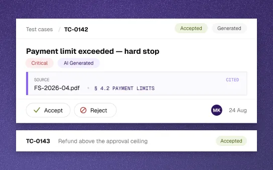 Source, draft, approval and case tiles joined by traces