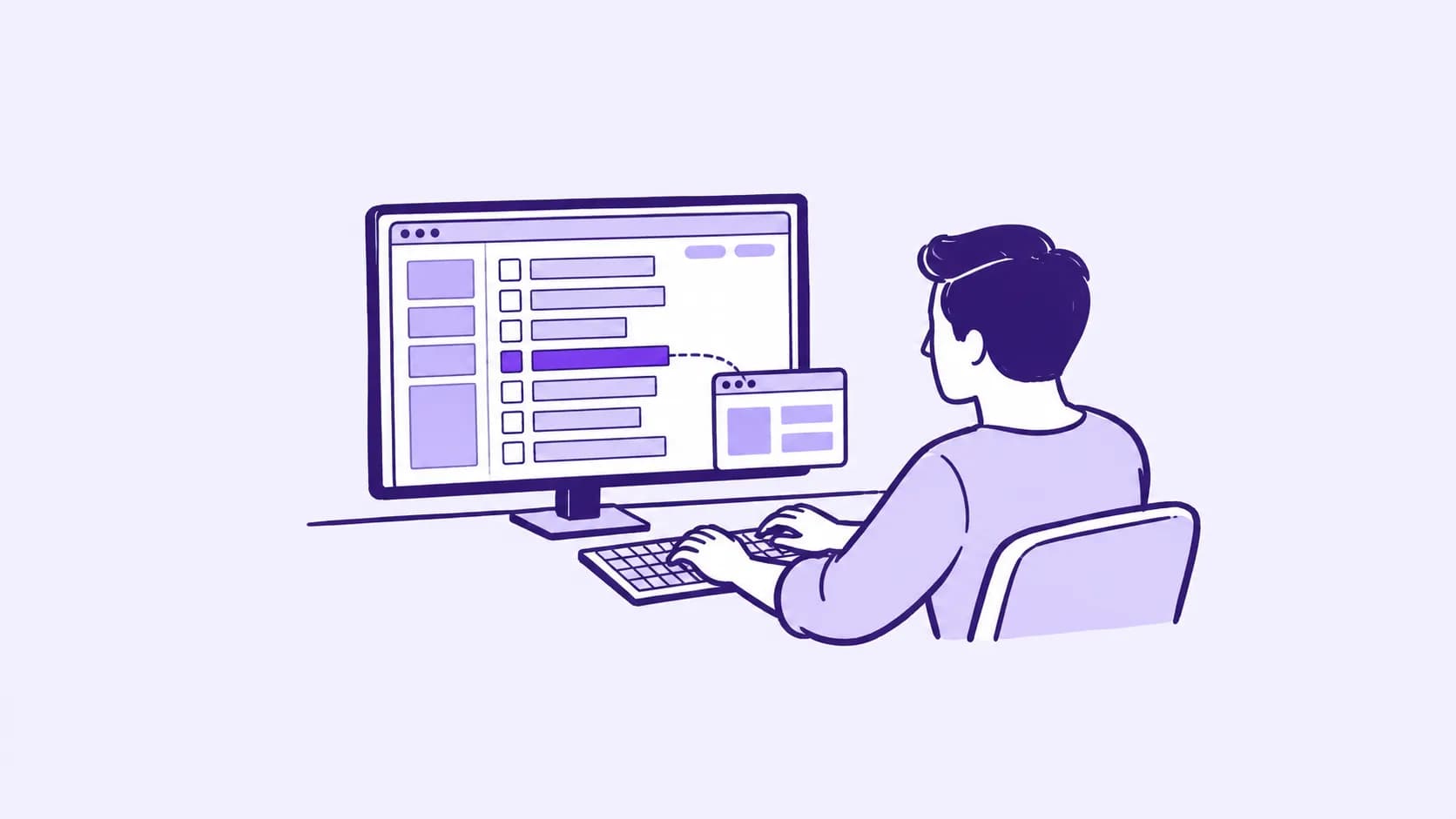 A man seen from behind in an office chair at a desk with one monitor showing a checklist of acceptance criteria. Six criteria are pale with empty boxes and one is solid violet with a filled box; a dotted line leads from that one to a small window holding the test built from it.