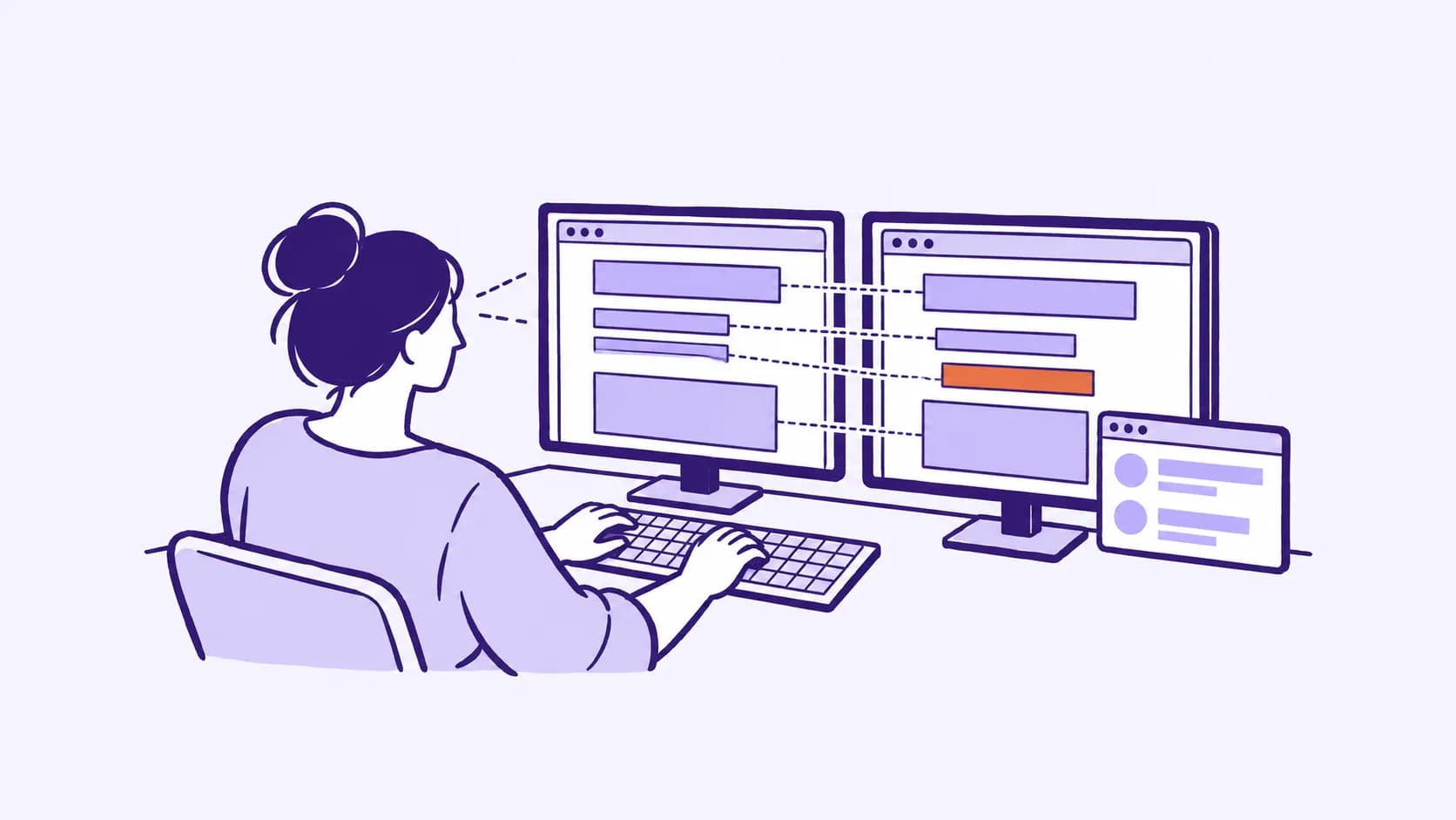 A woman with her hair in a bun sits at two monitors comparing a design frame with the built page: dotted lines join matching parts and one orange bar sits out of place.