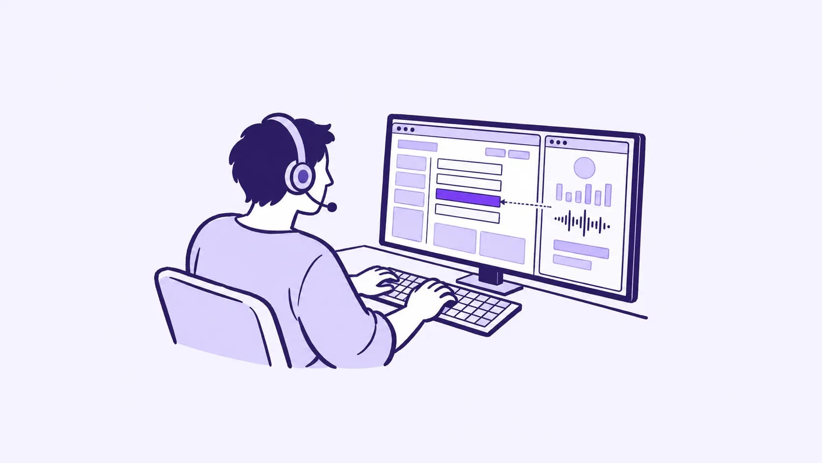A man in a call-centre headset with a boom microphone, seen from behind at a desk with one wide monitor. The left part shows the application with one violet bar; the right part shows the AI project assistant in voice mode, with a circle and a waveform, and a dotted line from it to that bar.