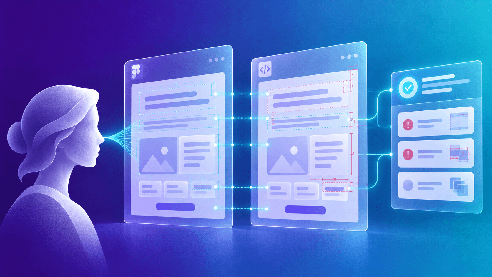 Illustration: a person looks at a Figma design and its implementation side by side, with matching elements linked to a list of findings